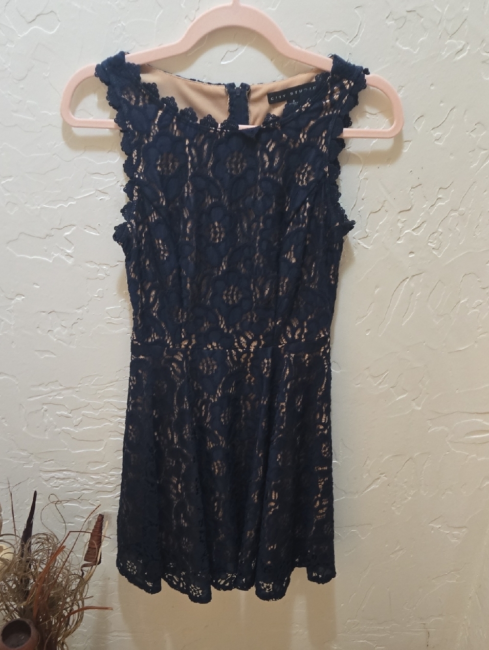 City Studio Navy Lace Mini Dress with Nude Lining